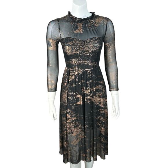 Ted Baker Knee Length Dress Size 0 Sheer Splatter Gold Metallic Party Cocktail - Picture 2 of 11
